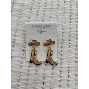 Western Cowboy Boot & Hat Rhinestone Drop Earrings Gold Cowgirl Glam Statement N